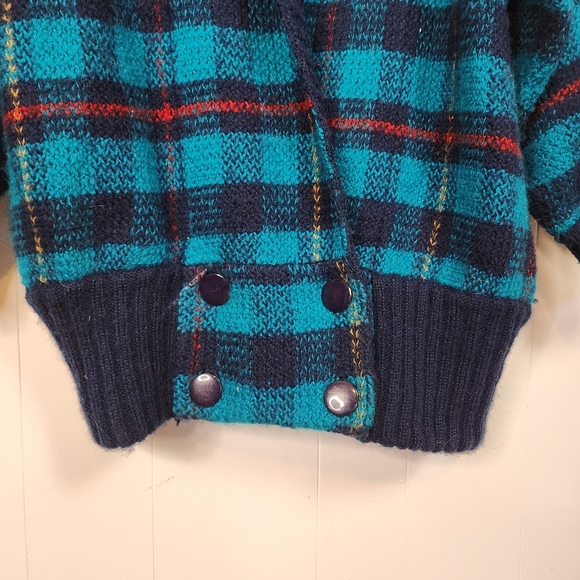 Vintage 1980s Oversized Knit Cardigan Sweater Blue Plaid Shawl Collar Preppy - Picture 6 of 10